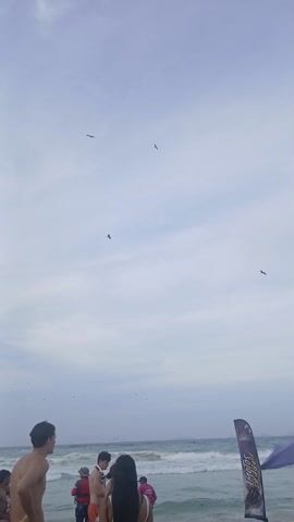 The video shows a beach scene. People are visible near the water's edge, with some standing and looking out at the ocean. A beach flag with the words "Super Praia" is also visible. Above, the sky is a light blue with some clouds. Several birds are flying in the sky. The camera zooms in on one bird, then pans back out, showing the sky and the birds. The sound of music can be heard in the background.