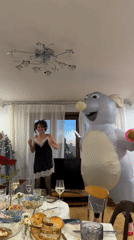 Costume party with inflatable animal outfits documented by witnesses