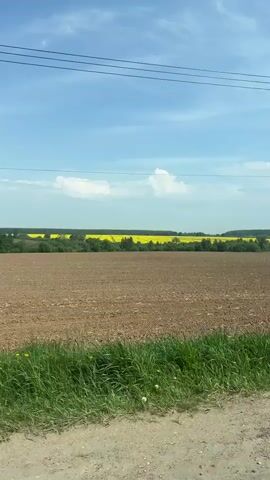 The video shows a rural landscape under a blue sky with scattered white clouds. In the foreground is a field of brown soil, seemingly recently plowed. A strip of green grass with a few yellow flowers lines the edge of the field closest to the camera. Further back, a bright yellow field stretches across the horizon, possibly a field of flowering rapeseed. A line of trees separates the yellow field from the horizon. Power lines run across the top of the frame, and power poles are seen passing by. The camera appears to be moving, as if from a car driving along a road adjacent to the field.