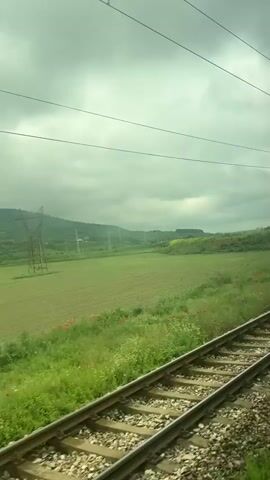 The video shows a view from a moving train. The foreground consists of train tracks made of metal rails and gravel. Next to the tracks is green vegetation, including grass and red poppy flowers. Beyond the vegetation is a large green field. In the distance, there are hills covered with trees. The sky is overcast with grey clouds. Overhead, there are electrical power lines and support structures. The camera is moving forward along the tracks.