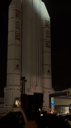 Night gathering around ESA rocket display in Dugny, France