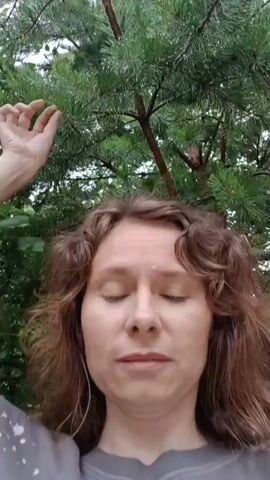 A person with curly brown hair looks into the camera. The person's face is framed by pine needles and green branches. The person raises their right arm and touches a pine needle with their fingers. The person's facial expression changes from neutral to a scrunched-up face, then back to a smile. The person is wearing a gray shirt with a paint splatter design.