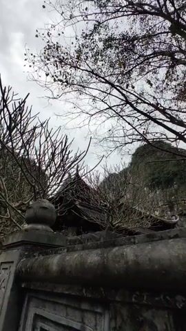 The camera pans right, revealing a gray stone wall with intricate carvings, followed by bare trees and a paved path leading to a small, dark brown building with a red roof. Several people are walking towards the building along the path. The background features a lush, green mountain range. The sky is overcast.