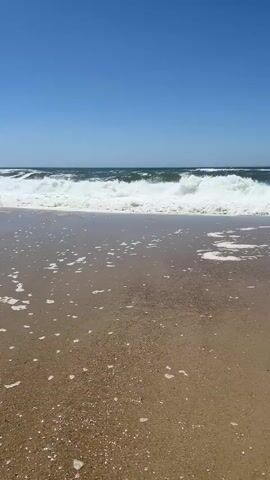 A static, eye-level, medium shot shows a sandy beach with gentle waves lapping at the shore under a clear blue sky. The water is a deep blue-green, and the waves are breaking with white foam. Small bubbles of foam are scattered on the wet sand near the viewer. The shot is oriented vertically.