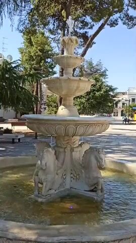 The video displays a three-tiered stone fountain in a park-like setting. The fountain features decorative horse sculptures at its base and water flows from the top tier down to the lower tiers and into the basin. Trees and buildings are visible in the background under a clear blue sky. There are no people visible in the immediate vicinity of the fountain. The scene appears to be a sunny day in an urban or suburban public space.