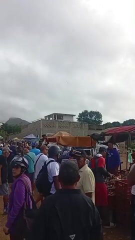 A busy outdoor market scene unfolds under a cloudy sky. The ground is dirt. Numerous people are walking around, browsing stalls that are partially visible on the sides. Some stalls have red and blue awnings or umbrellas. There are piles of produce, possibly vegetables, displayed on crates at some of the stalls. A few vehicles, including a white truck, are parked in the background. Hills or mountains are visible in the distance. The people are dressed in casual clothing. Some are wearing hats. The overall atmosphere suggests a lively marketplace.