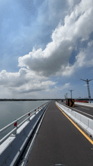 Morning traffic crosses bridge in South Denpasar, Indonesia