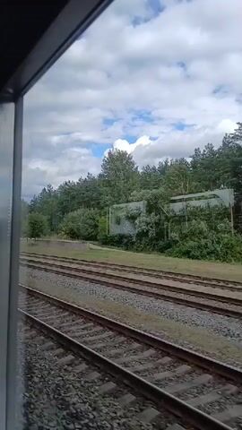 The video is taken from inside a train looking out the window at a railroad track running parallel to the train. On the other side of the tracks is a wooded area with a cloudy sky overhead. There are some buildings visible within the trees. The train appears to be moving.