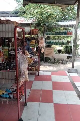 The video shows an outdoor market stall or small shop selling various packaged food items. The items are displayed on metal racks and shelves, with a variety of brightly colored bags and boxes of snacks and other goods. The floor in front of the stall has a red and white checkered tile pattern. There are trees and foliage visible in the background, suggesting an outdoor or semi-outdoor setting. The camera is positioned at an angle, and the video appears to be shot from a moving perspective, as indicated by the slight blurring and the panning motion. No people are clearly visible interacting with the merchandise, although their presence cannot be entirely ruled out due to the camera's perspective and the video's quality.