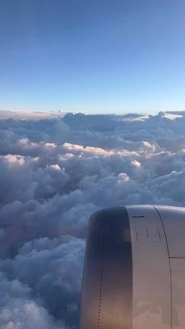 The video shows an airplane wing and engine as seen from inside the airplane. Beneath the wing is a dense field of clouds, illuminated by sunlight. The sky above is a clear blue with some cirrus clouds near the horizon.