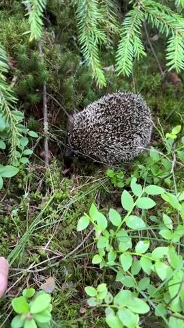 The video shows a hedgehog in a forest setting. The hedgehog is brown and gray with visible quills. It is surrounded by green foliage, moss, and pine needles. In the foreground, a human hand with light-colored skin is reaching towards the hedgehog, then withdraws. The hedgehog appears to be walking or foraging on the forest floor.