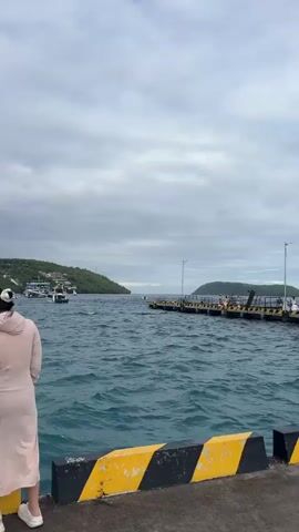 The video shows a pier with many people walking on it. The people are all dressed casually and appear to be tourists. Many are using their phones, possibly to take photographs of the scenery. The weather is overcast, and there are boats in the water. The pier is marked with yellow and black stripes. A man wearing a white shirt and black pants with a black cap and sunglasses also walks on the pier. He appears to be security personnel. A lighthouse and palm trees are visible in the background.