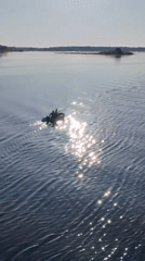 Two-person inflatable boat crosses water near Pochinok, Russia