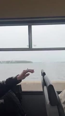 The video shows the interior of a vehicle, likely a bus or ferry, with a large window. Through the window, a body of water with a distant island is visible under a cloudy sky. A person's left arm and hand are visible reaching towards the window. The hand is wearing a ring. A backpack is visible in the foreground, on the left. The video appears to be a first-person perspective from inside the moving vehicle, looking out the window at the passing scenery. There is also a partial view of a person's shoulder and head on the right side of the frame, in the seat next to the camera.