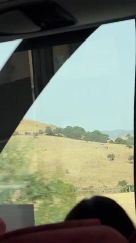 The video shows a view from inside a vehicle, looking out a window at a landscape. The landscape is characterized by rolling, dry, yellow hills dotted with green trees. There are several hay bales visible in the foreground. The sky is clear and light blue. The interior of the vehicle is partially visible, including a dark ceiling with lights or vents and the top of a person's head and shoulders in the lower portion of the frame. The view suggests movement, as the landscape appears to be passing by.