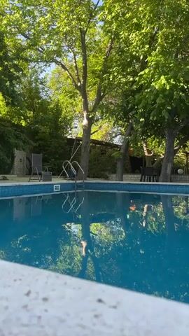 A video shows a woman's hand with long, light pink almond-shaped nails in the foreground. The hand is positioned over a bright blue swimming pool. The pool has a tiled edge and metal ladder steps are visible in the water. In the background, lush green trees and foliage surround the pool area, suggesting an outdoor setting. The sunlight filters through the leaves, creating dappled light. The scene appears to be a resort or a private residence with a pool.