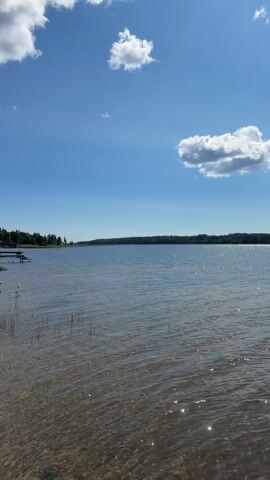 A wide shot of a calm lake on a sunny day. The water is clear, with reeds growing near the shore. In the distance, a tree-lined horizon stretches across the frame. The sky is a vibrant blue, dotted with fluffy white clouds. The sun is high in the sky, casting a bright glare on the water. There is a small dock visible on the left side of the frame. The video is shot from a low angle, giving the viewer a sense of being right on the edge of the water.