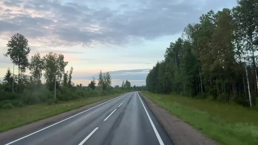 This is a first-person view video of a car driving on a two-lane asphalt road bordered by lush green trees and vegetation on both sides. The sky is cloudy with hints of sunset colors visible. The road appears wet, possibly from recent rain, with white lines marking the lanes. The trees on the right side of the road are dense and tall, forming a thick forest. On the left side, the vegetation is a mix of trees and bushes. The camera perspective is from the driver's seat, looking straight ahead and slightly to the right. The overall atmosphere is calm and serene, suggesting a peaceful drive through a natural landscape.