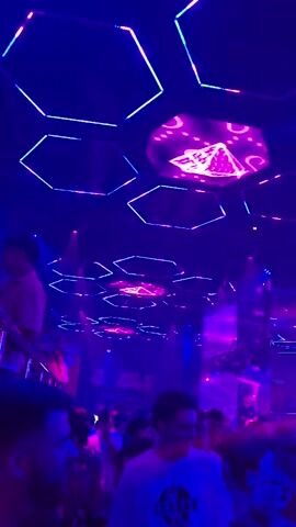 The video shows a crowded nightclub with vibrant purple and blue lighting. Hexagonal light fixtures are visible on the ceiling, some displaying geometric patterns. People are standing close together, appearing to be socializing or watching a performance. Several spotlights and moving lights are directed towards the ceiling and a large screen in the background. The atmosphere seems energetic and lively, typical of a nightclub scene.