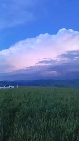 The video shows a wide shot of a grassy field with rolling hills in the distance. The sky is a vibrant blue with large, fluffy white clouds tinged with pink and purple, suggesting either sunrise or sunset. On the left side of the frame, a white car is parked in the field, and two figures, possibly people, are standing near it. The tall grass in the foreground appears to be moving slightly, possibly in a gentle breeze. The overall impression is one of a serene, natural landscape at dusk or dawn.