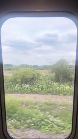 The video shows a view from a train window traveling through a rural area. The landscape consists of green foliage, trees, and some patchy dirt roads. In the foreground, the window frame is visible. The sky is overcast with clouds. At one point, a white building with vents and an air conditioning unit passes by. Further on, a large dumpster is visible next to some wooden pallets and orange traffic barriers. The train appears to be moving at a moderate speed, causing the scenery to blur slightly.