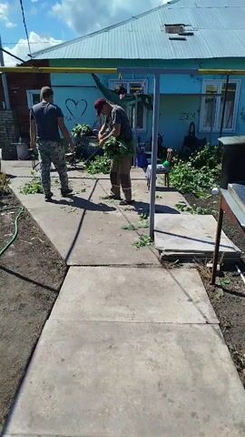 Two men are in a yard, cleaning up debris. One man, wearing camouflage pants and a dark t-shirt, is walking away from the camera toward a building. The other man, wearing brown pants, a t-shirt, and a red cap, is holding a large bunch of green leaves, appearing to be preparing them. The ground is covered in scattered green leaves and twigs. There is a light blue building in the background with a corrugated metal roof. A yellow pipe runs across the top of the building. Various objects, including chairs and buckets, are visible in the yard. The weather appears to be sunny with some clouds.