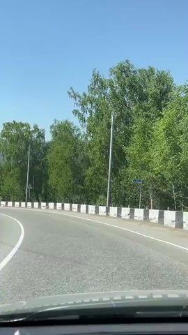 The video is shot from inside a moving vehicle, looking forward through the windshield. The vehicle is traveling on an asphalt road with a solid white line on the left and a dashed white line on the right. To the right of the road, a concrete barrier consisting of white and black blocks separates the road from a wooded area. Behind the trees, a large body of water and distant mountains are visible under a clear blue sky. Tall utility poles with overhead wires run parallel to the road, suggesting railway tracks are present behind the trees. A triangular red-bordered sign with two opposing arrows (indicating two-way traffic or narrowing road) is visible early in the clip. Later, a circular red-bordered sign with a diagonal line (no stopping/parking) appears. Several cars are seen traveling in the opposite direction on the road in the distance. The overall scene depicts a sunny day drive through a scenic, mountainous, and forested area alongside a body of water.