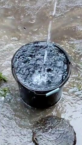 The video shows a black plastic bucket filling with rainwater.  The bucket sits in a puddle, and a steady stream of water pours into it from above. Raindrops also fall around the bucket, creating ripples on the surface of the puddle. There is a flat, round stone visible near the bucket. A few green plants are also visible in the background.