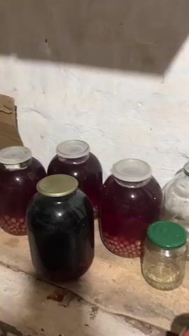 The video pans across a shelf in what appears to be a cellar or pantry. The shelf is laden with numerous glass jars filled with preserved food items. In the foreground, several large jars contain a dark liquid and some have fruit or berries at the bottom. To the right, a smaller jar with a green lid is visible. Further back, a row of jars filled with pickles, evident by their green color and texture, are lined up. Some of these pickle jars have decorative lids featuring images of fruits and vegetables. In the background, the wall is rough and appears to be made of concrete or stucco. The lighting is dim, suggesting a storage area. The video does not show any people or animals.