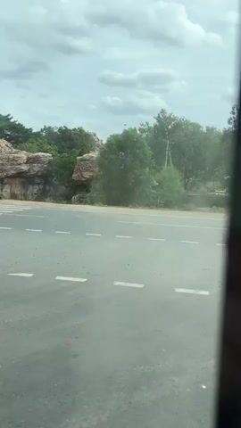 The video shows a view from inside a vehicle, looking out at a road and the surrounding landscape. A zebra crossing is visible on the road. On the side of the road, there are large rock formations and green trees. A red truck passes by on the road. The sky is cloudy. The video is shot from a moving vehicle.