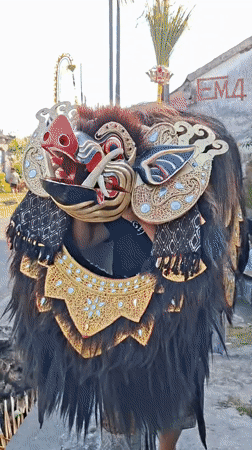 Ornate mythical creature costume at a Blahbatuh ceremony
