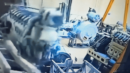 Heavy engine installation operations captured at industrial site