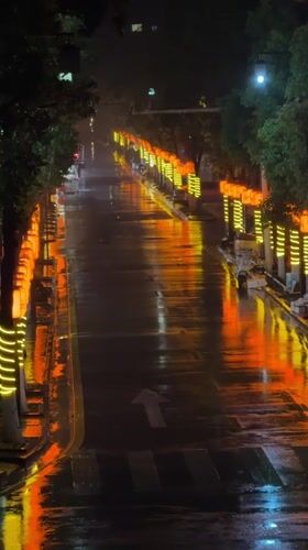 Rainy night creates reflective street scene in Wulingyuan