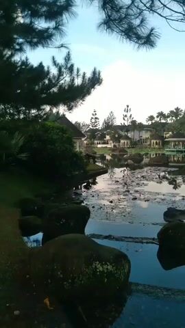 The video presents a serene view of a small lake adorned with water lilies, reflecting the sky and surrounding structures. Large, moss-covered rocks are seen in the foreground, partially submerged in the water. Several gazebo-like structures are spaced along the opposite shore of the lake, which appear to be part of a larger complex or resort. The architecture is ornate, with light-colored buildings and distinctive roofs. Trees, including pines, are interspersed with the buildings. The sky is partly cloudy. The video pans slightly to the right.