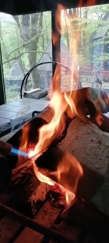 A close-up view shows logs burning in a fireplace, with bright orange and yellow flames illuminating the scene. A torch, emitting a distinct blue flame, is being used to ignite or intensify the fire on one of the logs, positioned on the left side of the fireplace. The fireplace itself has a metal grate and is set into a tiled surface. In the background, a large window reveals a lush green forest, characteristic of springtime or summer. Through the trees, several small, dark-roofed buildings or cabins, possibly treehouses, are visible, suggesting an outdoor resort or glamping setting. The overall scene conveys a cozy indoor environment with a natural outdoor view, possibly in Medoveevka, Russia.