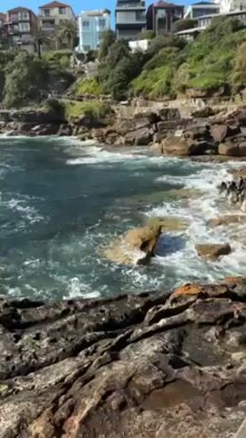 The video shows a rocky coastline with waves crashing against the rocks. The water is a deep blue-green color. In the background, there are houses built on a cliff. The sky is clear and blue. There are no people visible in the video.