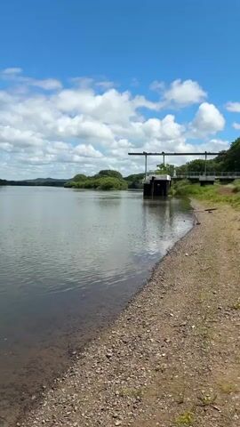 A vertical video captures a serene river landscape on a clear day with scattered clouds. The foreground features a gravelly shoreline sloping gently into the calm, reflective water. The river extends into the distance, lined with lush green trees and rolling hills under a bright blue sky. In the middle ground, a concrete structure with metal gates, likely part of a dam or sluice gate system, is visible on the right side of the river. The water is still, with only subtle ripples disturbing its surface. The scene is tranquil and appears to be uninhabited.