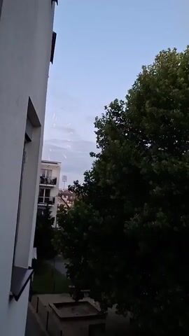 The video begins with a view of a building from a slightly elevated perspective, possibly a balcony or a higher floor window. A large, white wall of a building dominates the left side of the frame. To the right, a dense, dark green tree with lush foliage fills a significant portion of the right side. In the background, between the tree and the white building, other buildings are visible, including an apartment building with balconies and a taller structure that might be a stadium or an arena with lights. The sky above is a clear, pale blue with a few wispy clouds, suggesting it is either dawn or dusk. The primary action captured is a series of small, bright bursts of light in the sky, appearing as fireworks. These bursts are white and have radiating lines of light, characteristic of exploding fireworks. The fireworks occur at intervals throughout the short clip. The overall scene suggests an urban environment where fireworks are being set off outdoors, possibly during a celebration or event.