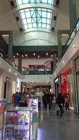 A shopping mall hallway is captured in this vertical video. The camera is positioned at one end of the hallway, which is illuminated by natural light filtering through a skylight roof.  The hallway is populated with numerous individuals walking around and perusing items.  Display cases filled with an assortment of merchandise are on either side of the hallway.  The space is flanked by retail stores, some with prominent displays, and a second level is visible, adding to the sense of a bustling commercial environment.