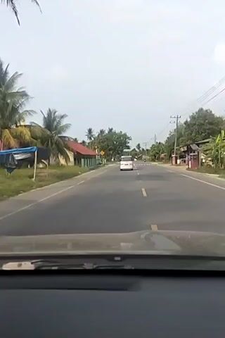 A point of view shot from inside a car driving down a paved road lined with trees and buildings. The sky is overcast. A white car is visible in the distance. There are power lines running along the side of the road. The car passes a crosswalk.