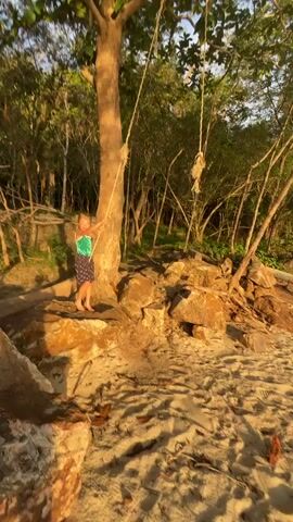 A child is seen on a beach, swinging from a rope tied to a tree. The child is wearing a green top and a patterned skirt. The beach has sandy ground and rocks. Trees and foliage are visible in the background, suggesting a tropical environment. The lighting indicates it is either sunrise or sunset.