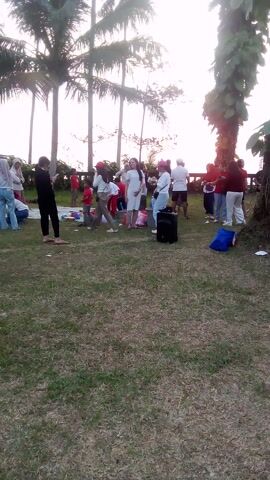 The video shows a group of people outdoors, possibly at a park or recreational area in Caringin, Indonesia. The scene is characterized by dry grass and several palm trees, suggesting a warm, possibly dry climate. The time of day appears to be late afternoon or early evening, as indicated by the soft, diffused light and long shadows.

The people, dressed in casual attire, seem to be engaged in some sort of activity or gathering. Many are wearing red tops, suggesting a team or group affiliation. Some individuals are standing in a line, others are interacting, and a few are bending down, possibly participating in a game or exercise. There's a black portable speaker visible, which might be used for music or announcements. In one segment, people are seen scattering small, colorful items on the ground, which could be part of a game or ritual. A yellow ball is also visible, hinting at a possible sports activity.

The overall mood appears to be relaxed and communal. The participants seem engaged and perhaps enjoying themselves. The presence of a speaker and the group formations suggest an organized event, such as a team-building activity, a community gathering, or a sports practice. There are no clear indications of negative emotions or conflict. The lush green foliage of some trees contrasts with the dry, brown grass, painting a picture of a tropical or subtropical environment. The sky is overcast or the sun is low, creating a bright, washed-out background in some frames. There is no visible text in the video.