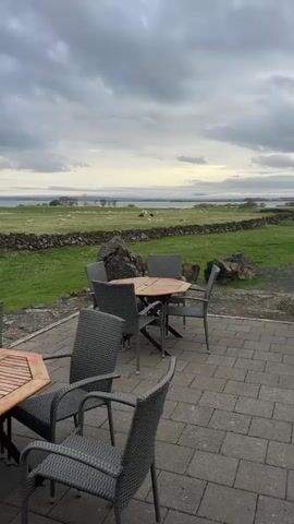 The video presents a serene outdoor scene, likely a patio area, with a slow pan from right to left. In the foreground, two octagonal wooden tables are arranged on a paved surface, each surrounded by four grey wicker chairs, suggesting an area for dining or relaxation. Beyond the patio, a vibrant green grassy field stretches out, bordered by a rustic stone wall. Several sheep can be seen grazing peacefully in the field. In the distance, a body of water is visible under a broad, cloudy sky, with some faint light breaking through the clouds near the horizon. Towards the left of the frame, a cluster of white buildings, resembling a farm, sits on the distant landscape. The overall impression is one of tranquil nature and rural simplicity, consistent with the stated location of Reykjahlíð, Iceland. There are no people visible, and no discernible text in the video.