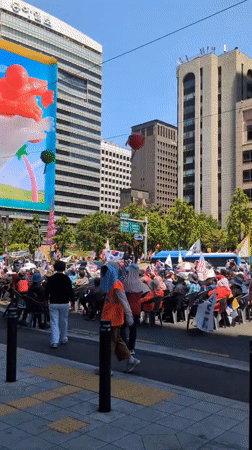 Seoul crowd gathers with flags, watches LED screen demonstration