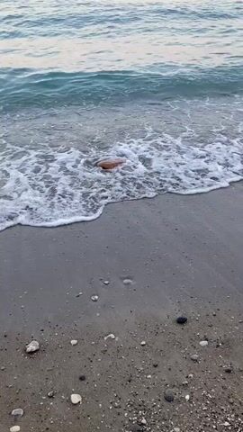 A wave washes over a person submerged in the ocean near a sandy beach. The person is lying on their back with their head submerged. The water is clear and blue, with white foam from the wave. The beach is made of dark sand and pebbles.