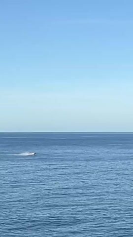 A motorboat travels left across a calm blue sea under a clear sky.