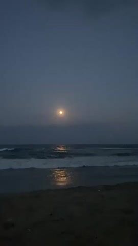 The video shows a nighttime scene at a beach in Chennai, India. The moon is visible in the sky, partially obscured by clouds, and its reflection shimmers on the water. Gentle waves lap at the shore, creating a peaceful and serene atmosphere. The sand in the foreground is dark, suggesting the absence of direct sunlight. The overall mood is tranquil and contemplative, evoking a sense of natural beauty and calm. There is no visible text in the video.