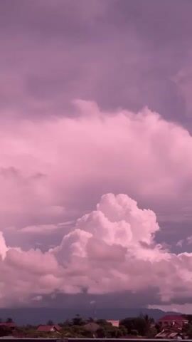 A video captures a pink-tinted sky filled with clouds. The clouds are varied in size and texture, with some appearing fluffy and bright while others are darker and more diffused. Towards the bottom of the frame, a silhouette of a landscape is visible, suggesting a horizon with trees and buildings, possibly houses. The overall impression is of a serene, possibly sunset or sunrise, sky. The video appears to be a short clip, possibly a loop or a slow pan, with no discernable audio.