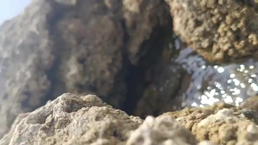 The video shows a close-up view of water flowing over rocks. The water is clear and appears to be in a natural setting, possibly a stream or a tidal pool. The rocks are rough and uneven, with some appearing to be covered in algae or moss. The lighting suggests it is daytime, with sunlight reflecting off the water's surface.