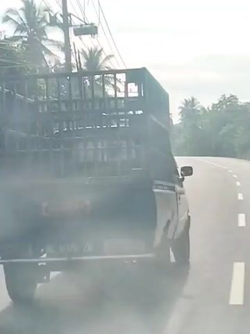 A black pickup truck with a metal cage on the back drives down a paved road, emitting a large cloud of dark smoke from its exhaust. The truck has a license plate that reads SL 8370 ZR. On the right side of the road, a person on a motorcycle is visible in the distance. The road is curved and bordered by trees and vegetation. Utility poles with wires run alongside the road. The sky is overcast.